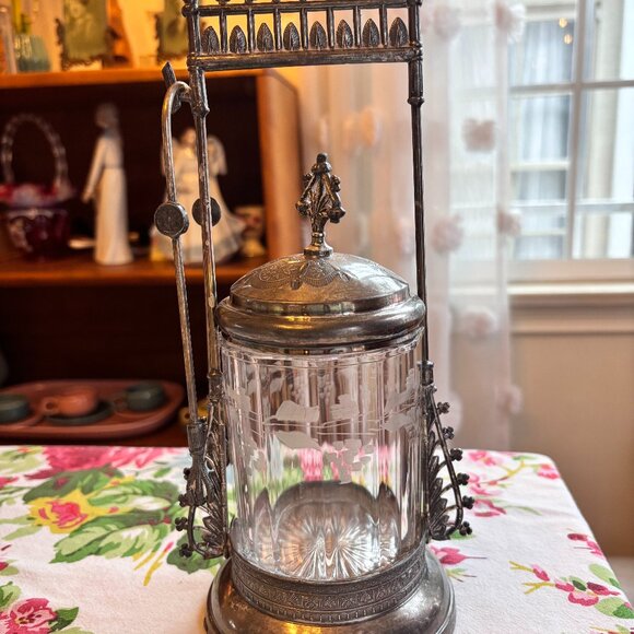 E.G. Webster Antique Triple Plate Victorian Etched Pickle Castor Jar with Tongs - Picture 1 of 15